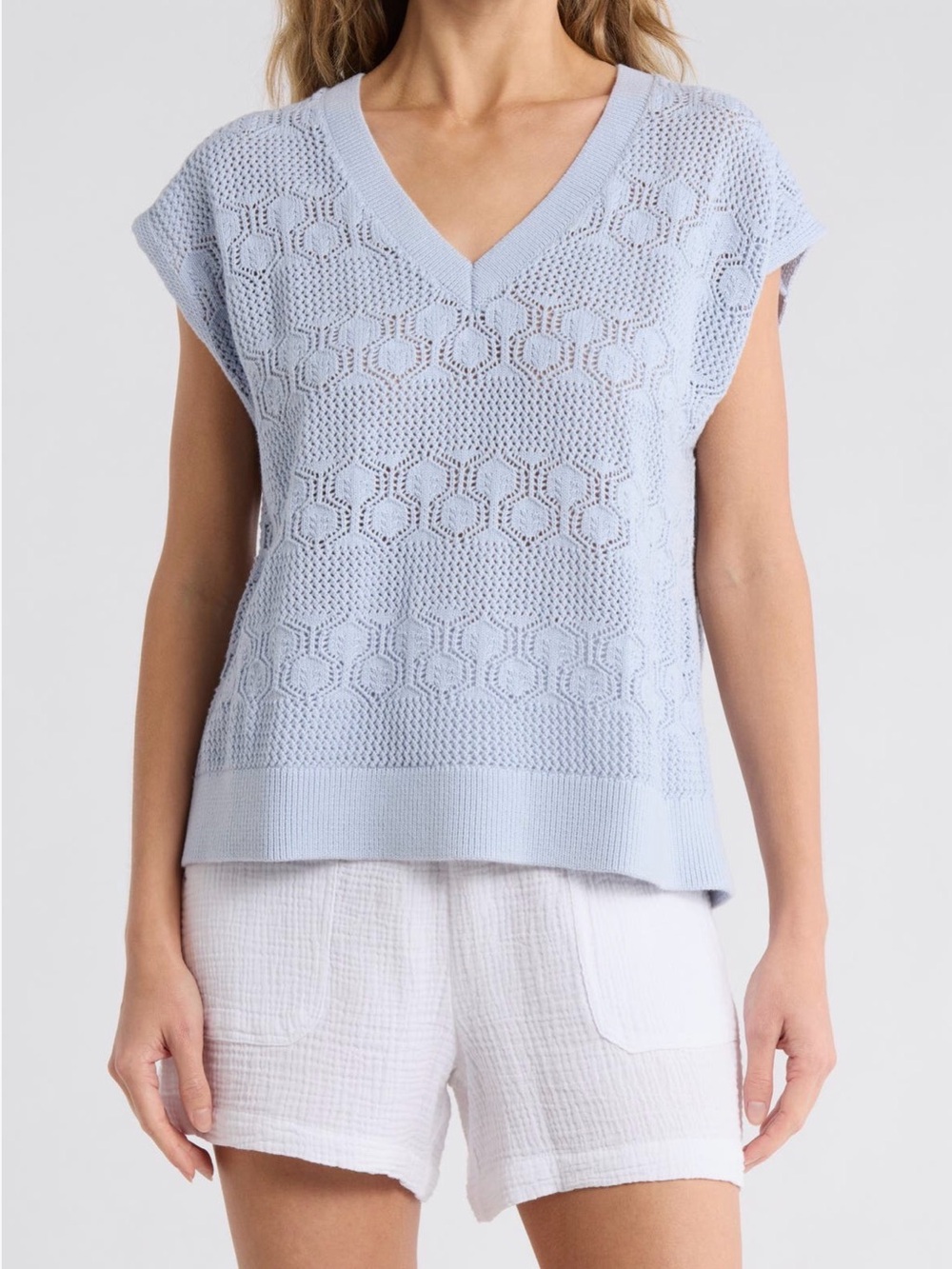 Splendid Pale Blue Cotton V-Neck Knit Shell Top